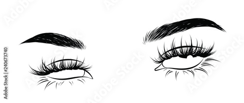 Abstract fashion illustration of the eye with creative makeup. Hand drawn vector idea for business visit cards, templates, web, salon banners,brochures. Natural eyebrows and glam eyelashes