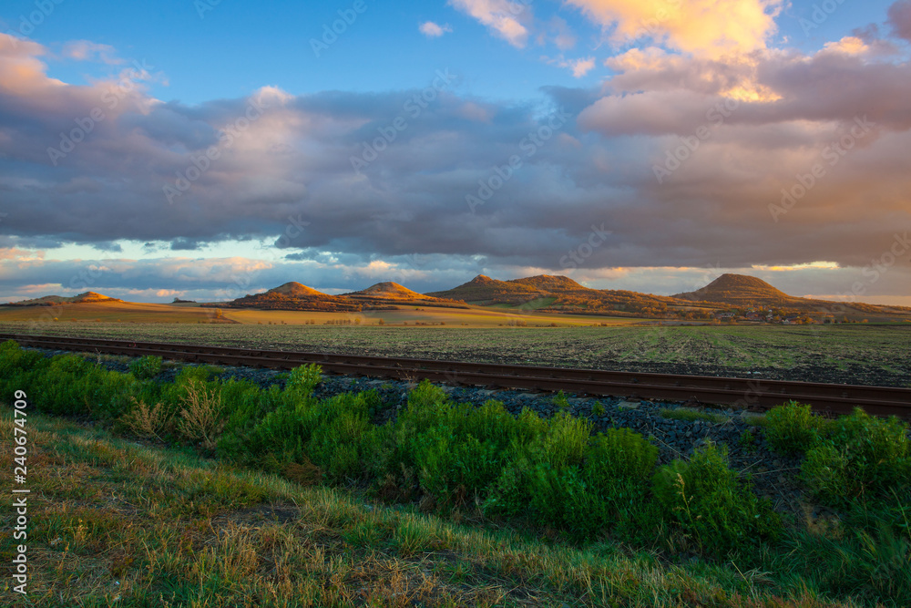Obraz premium Single railway track at sunset, Czech Republic.