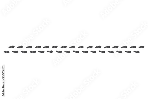 Black human footprints pathway isolated on white background - boots trace of man. Smooth route of walking person - path of monochrome silhouette of shoe sole track in vector illustration.
