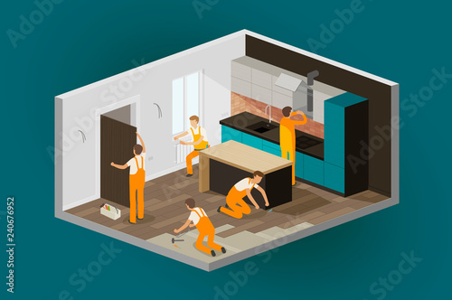 Renovation interior, home repair. Construction, isometric vector illustration