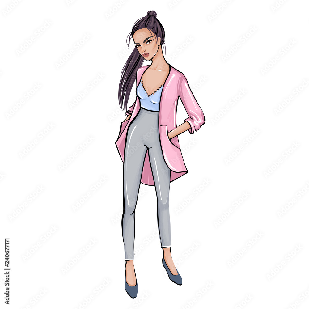 Stylish girl in fashion clothes. Hand drawn beautiful girl. Stylish girl in fashion clothes. Hand drawn beautiful girl.