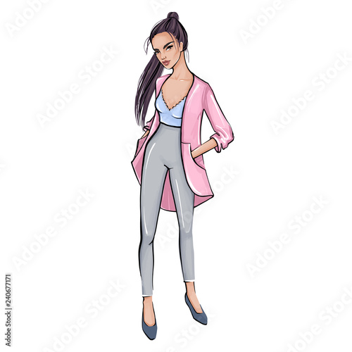 Stylish girl in fashion clothes. Hand drawn beautiful girl.