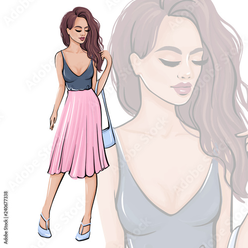 Stylish girl in fashion clothes. Hand drawn beautiful girl.