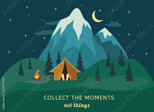 Vector camping tent with bonfire under forest trees on big beautiful ice peak mountain night star sky background. Travelling and advernture concept with collect the moments not things inscription photo