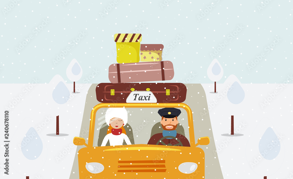 Naklejka premium A taxi driver in a uniform cap driving a yellow taxi and a beautiful young woman passenger in a white fur hat and fur coat.Close-up front view.Snow falls.Snow-covered trees.Vector flat illustration