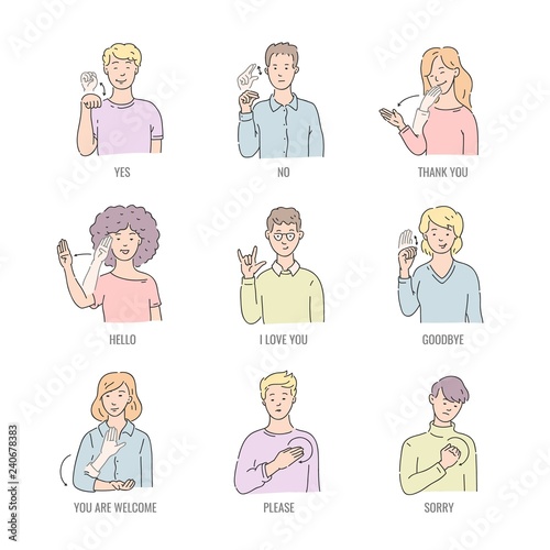 Deaf english basic words in line art isolated on white background - vector illustration set of people using gesture in american sign language. Educational collection of fingerspelling.