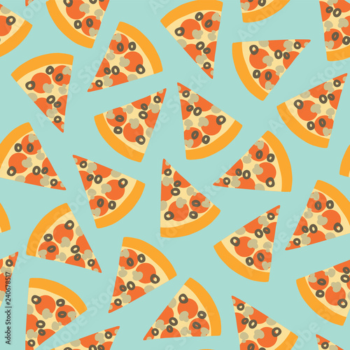 Pizza slice seamless vector pattern. Background with hand draw pizza. Doodle pizza with olives, mushroom, cheese, salami, tomatoes. Fast food seamless vector pattern. Use for menu, flyer, decor, party