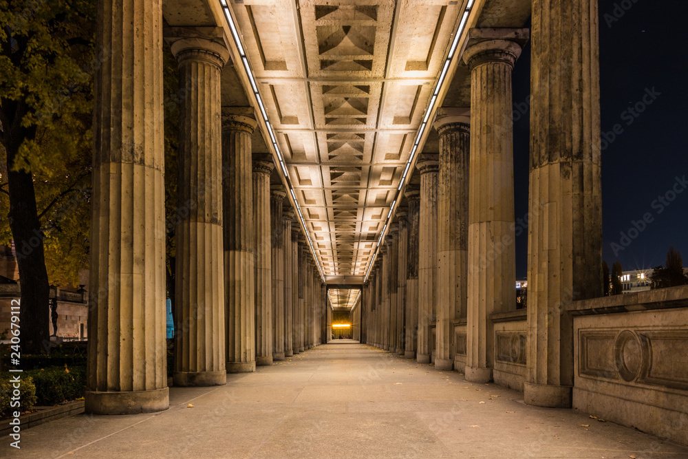 Arcade of the National Gallery at night. Neoclassical building in ...