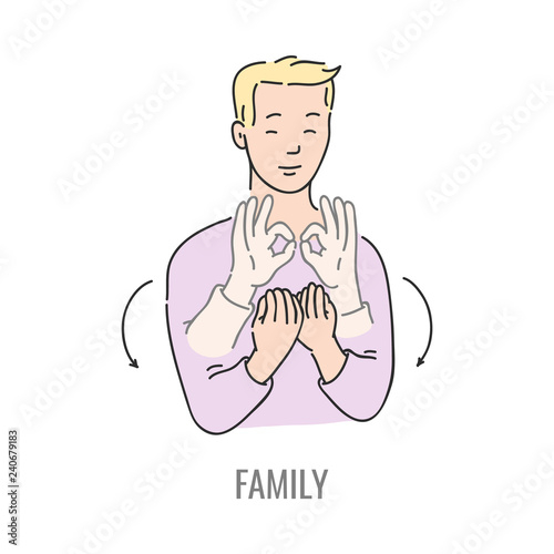 Vector blonde man showing family deaf-mute sign language symbol. Smiling sketch male character and hand communication sign by his hand. Different social communication, basic word