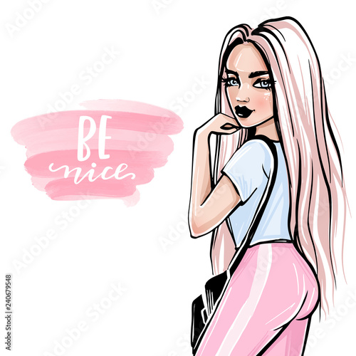 Stylish girl in fashion clothes. Hand drawn beautiful girl.