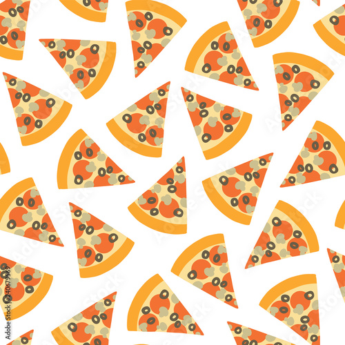 Pizza slice seamless vector pattern. Background with hand draw pizza. Doodle pizza with olives, mushroom, cheese, salami, tomatoes. Fast food seamless vector pattern. Use for menu, flyer, decor, party