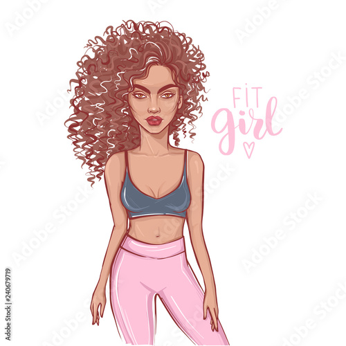 Beautiful young girl in sport outfit. Vector fitness girl. Stylish young woman