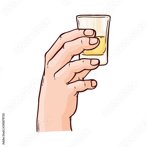 Vector hand holding sketch tequila, gin tonic glass toasting. Hand drawn alcohol drink, beverage cocktail for bar, pub restaurans or party design. Tequila or vodka shot
