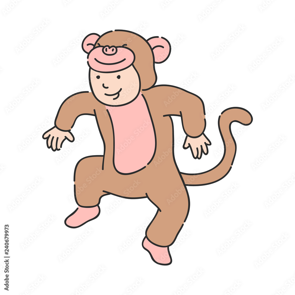 Child in party costume of monkey dancing and having fun isolated on white  background - hand drawn vector illustration of cheerful smiling kid in  fancy dress for holiday concept. Stock Vector |