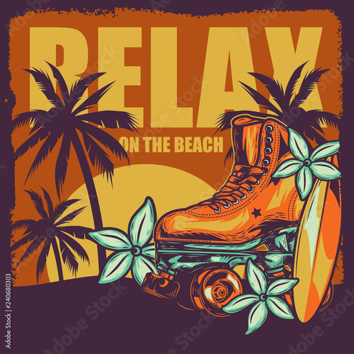 Vector illustration. Roller skates at sunset with palm trees. Orchids and surfboard