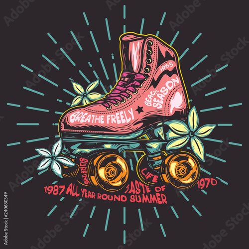 Roller skates with flowers on a fern background. Vector image. Label.