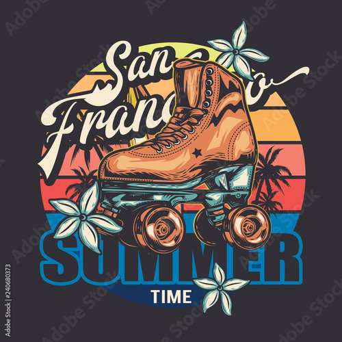 Vector image. Roller skates in retro style. Sunset, flowers, palm trees, colored background