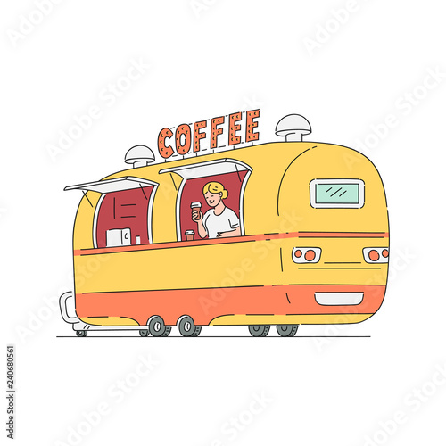 Vector sketch street coffee van in vintage style. 90s hot beverage truck, mobile latte, espresso shop vehicle. Retro delivery car. Isolated illustration