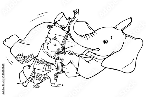 Animals are practicing, defending skills in uniform. Black line art isolated on white background. Suitable for oriental martial arts such as aikido, judo, karate, jiu-jitsu, budo