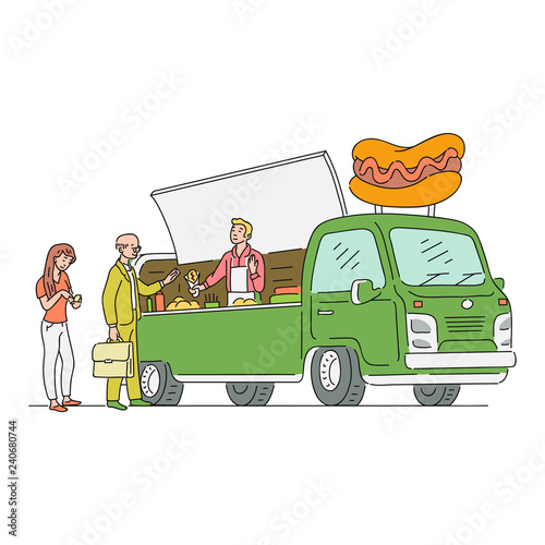 Vector sketch hotdog van in vintage style with customer buying food. 90s food truck, mobile fastfood shop vehicle. Retro snacks delivery car. Isolated illustration