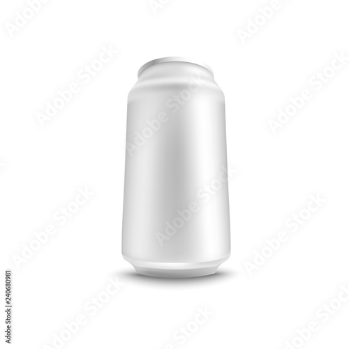 Vector aluminium can white mockup for beer, juice or soda fresh drink packaging design. Soft or alcohol drink metal container on isolated background. Refreshing beverage in metal tin.