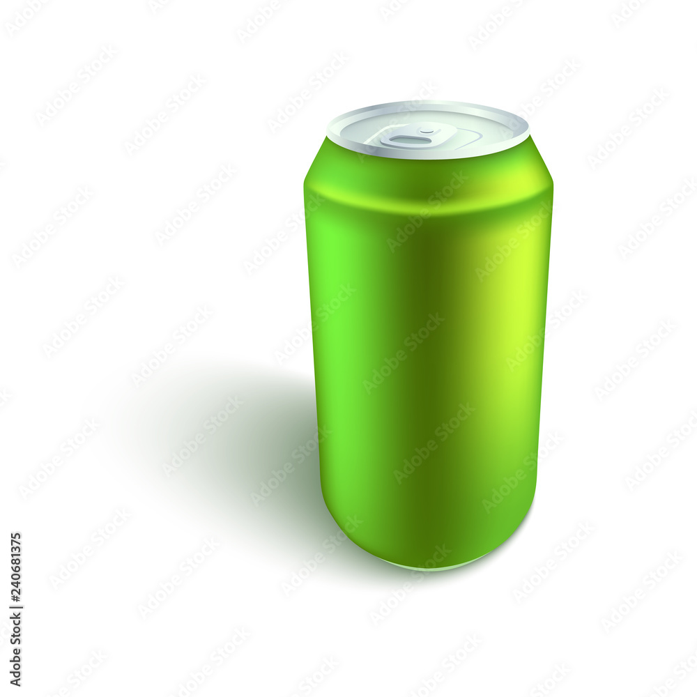 Blank aluminum soda or beer can mockup in realistic 3d style - isolated  vector illustration of side view on empty green tin for alcohol or fizzy  sweet drink branding and advertising. Stock