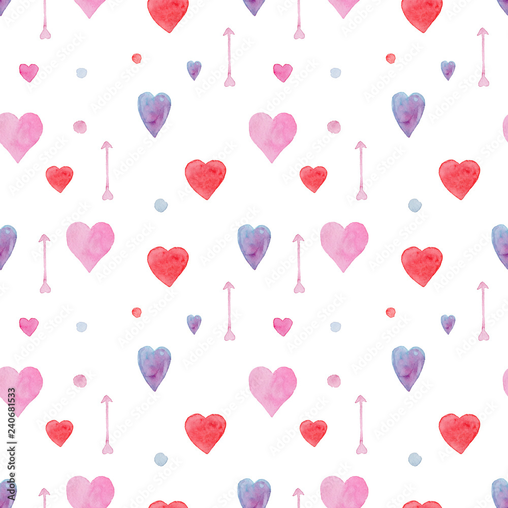 Tender seamless watercolor pattern with red, blue and pink hearts and arrows. Beautiful lovely background for Valentine's day wallpaper, textile, wrapping paper, cards design