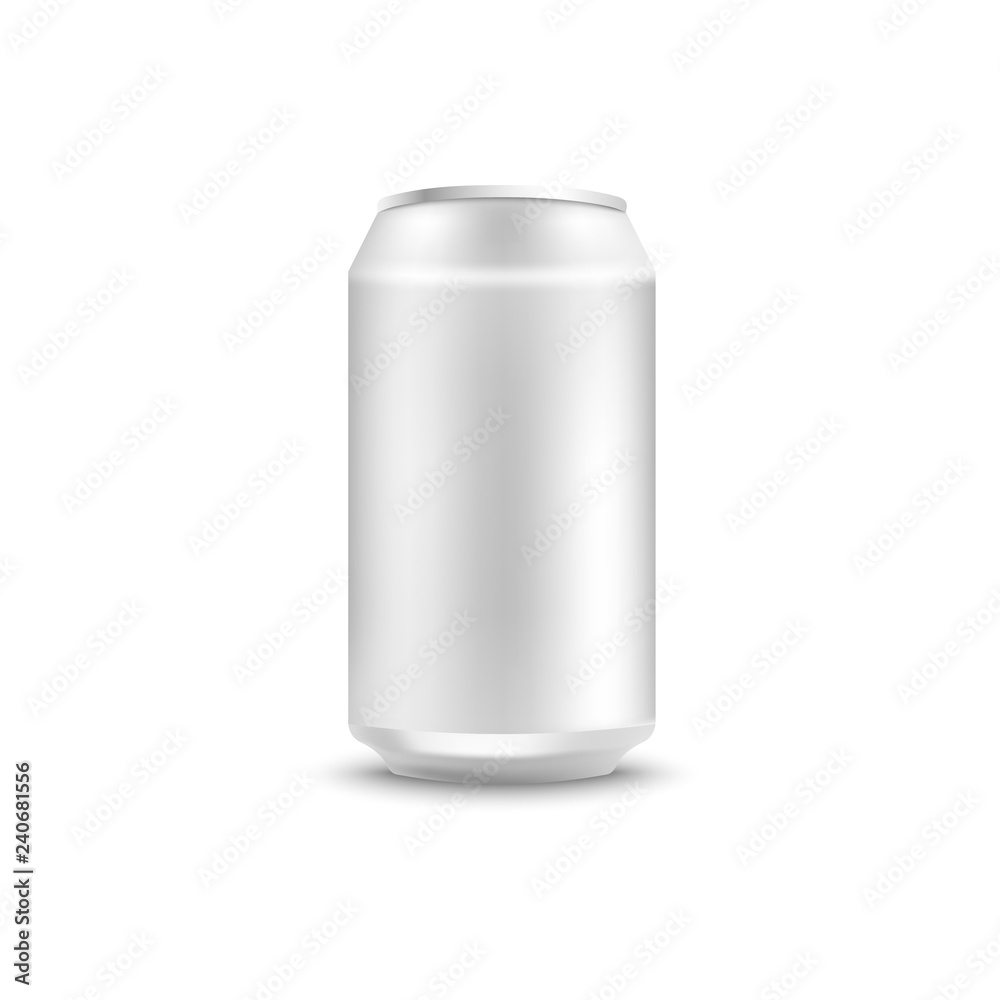 Blank aluminum can mockup for soda or beer in realistic 3d style - isolated vector illustration of side view on empty white metallic pack for alcohol or fizzy sweet drink branding and promotion. Blank aluminum can mockup for soda or beer in realistic 3d style - isolated vector illustration of side view on empty white metallic pack for alcohol or fizzy sweet drink branding and promotion.