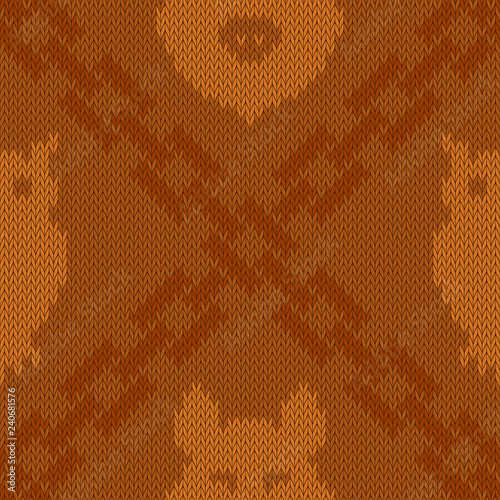 Knitted woolen pattern with intersection of chains, owl and wild boar in shades of brown