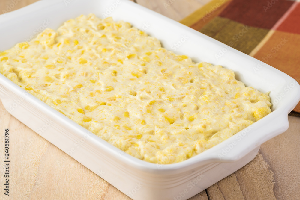 Unbaked creamy cheese corn casserole. Unbaked creamy cheese corn casserole.