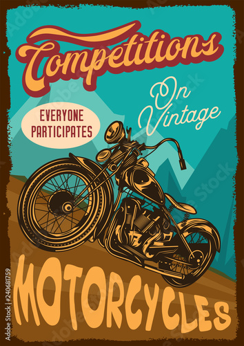 Vector poster. American classic motorcycle in the mountains, against the mountains