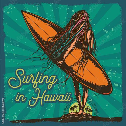 Original vector illustration in retro style. Girl with a surfboard going into the sunset