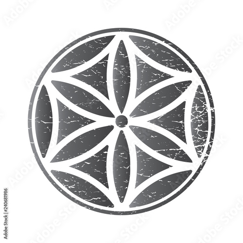 Six petal rosette also known as Sun of the Alps or sacred geometry seed of life symbol. Ancient Sun of the Alps distressed sign isolated.