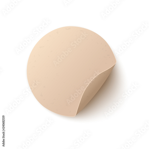 Fototapeta Naklejka Na Ścianę i Meble -  Round blank paper sticker with peel off corner in realistic style isolated on white background - vector illustration of mock up of beige circle adhesive curled paper label.