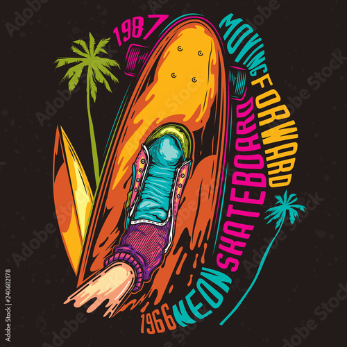 Bright, color illustration. Vector drawing. Skateboard sneakers, in the background and palm trees