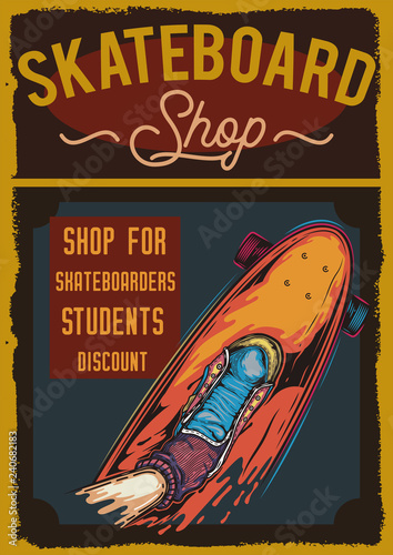 Vector poster in vintage style. Skateboard shop