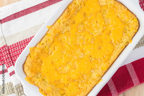 Homemade fresh baked creamy cheese corn casserole.