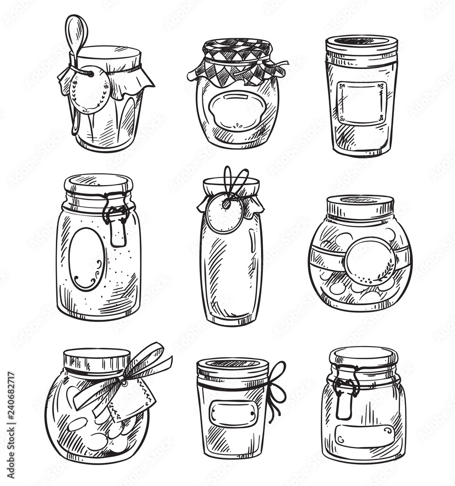 Set od hand drawn mason jars with jam, vector illustration - obrazy, fototapety, plakaty 