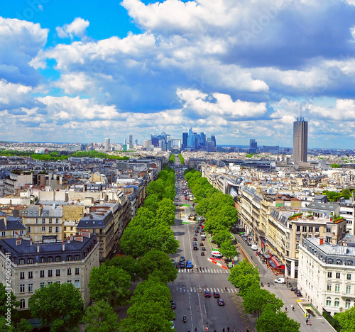 Aerial view of La Defense and a cloudy sky. Cityscape of Paris, France