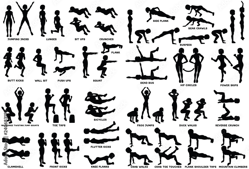Sport exersice. Silhouettes of woman doing exercise. Workout, training.