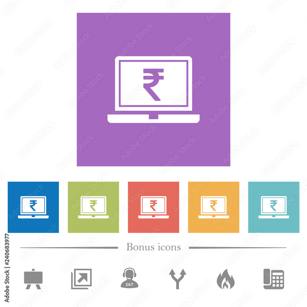 Laptop with Rupee sign flat white icons in square backgrounds Laptop with Rupee sign flat white icons in square backgrounds