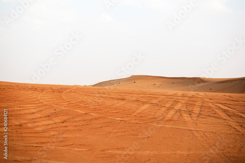 Detail of tyre tracks in sand desert with sky background