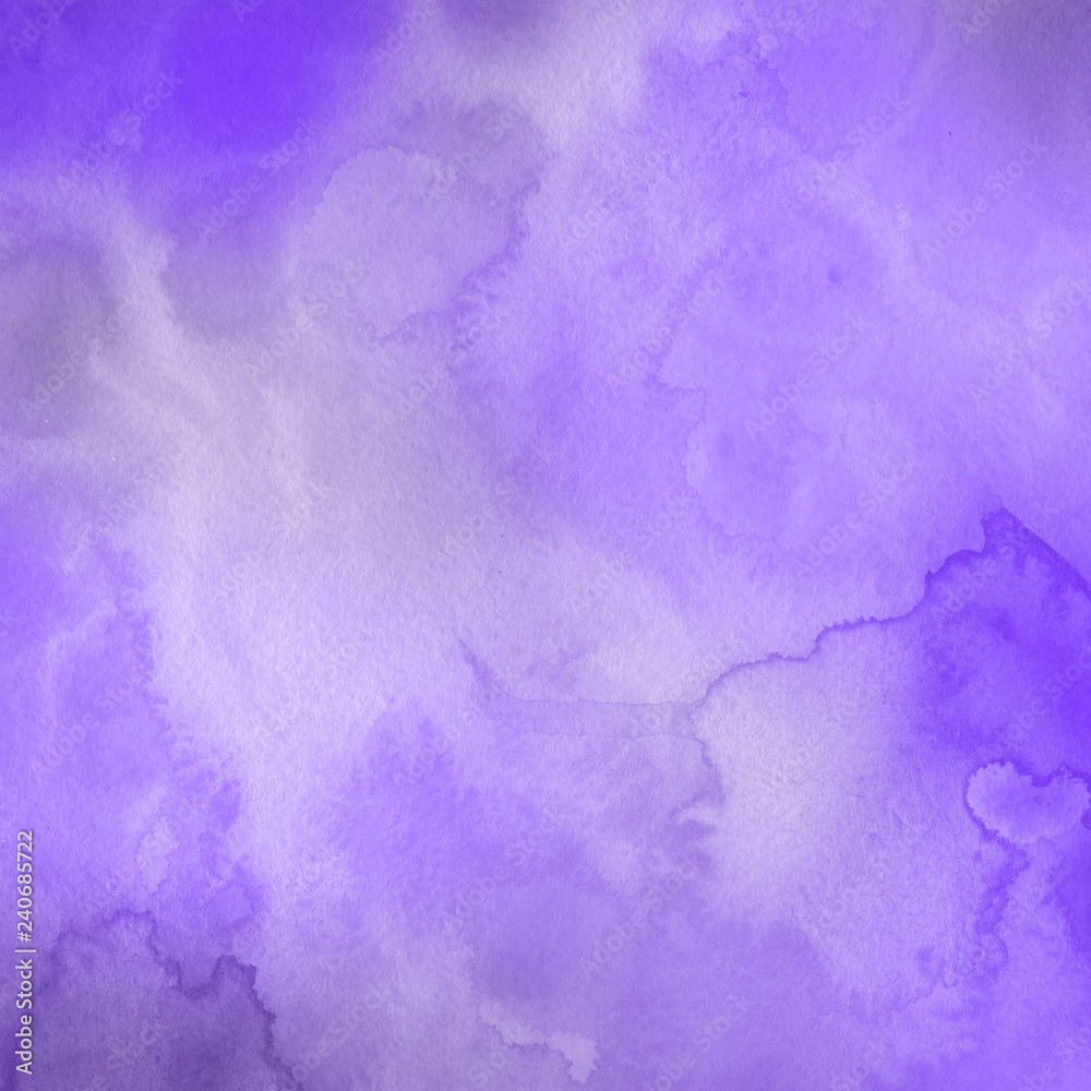 * Violet watercolor texture with abstract washes and brush strokes on white paper background. Trendy look. Chaotic abstract organic design.