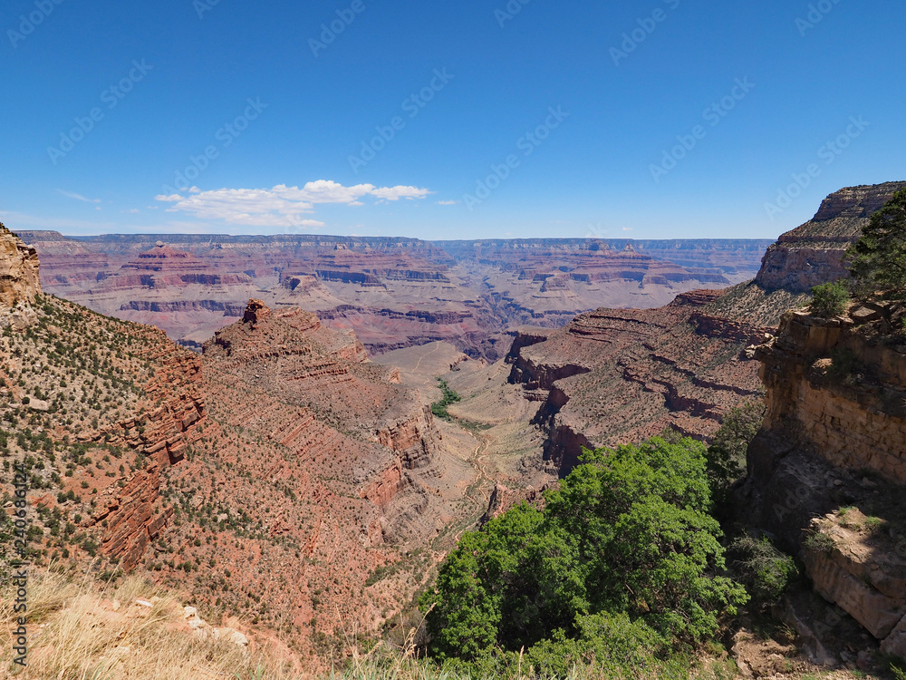 View from the Bright Angel Trail descending toward Indian Garden Gampground in Grand Canyon National Park, Arizona.