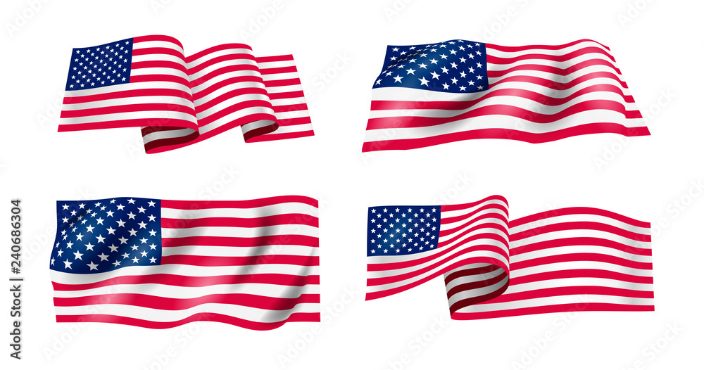 Set of waving flag of the United States of America. Wavy American Flag for Independence Day. Vector illustration. Isolated on white background. Set of waving flag of the United States of America. Wavy American Flag for Independence Day. Vector illustration. Isolated on white background.