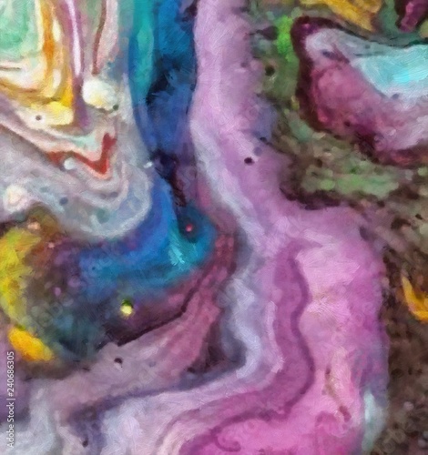 Close up oil paint abstract background. Art textured brushstrokes in macro. Part of painting. Old style artwork. Dirty watercolor texture. Modern pattern. Chaotic splashes. Multi-colors design.