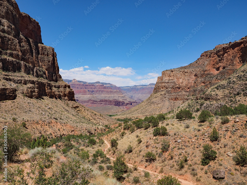 View from the Bright Angel Trail descending toward Indian Garden Gampground in Grand Canyon National Park, Arizona.