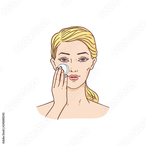 Vector young woman with towel and hairs removing make-up washing face by cotton pad. Face skincare treatment, cosmetic cleaning, spa products packaging design.