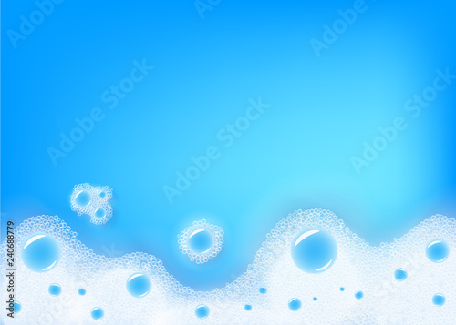 Vector white soap foam in blue liquid background. Water with shampoo or cleaning foam for bath, laundry or skin care related product packaging design backdrop.