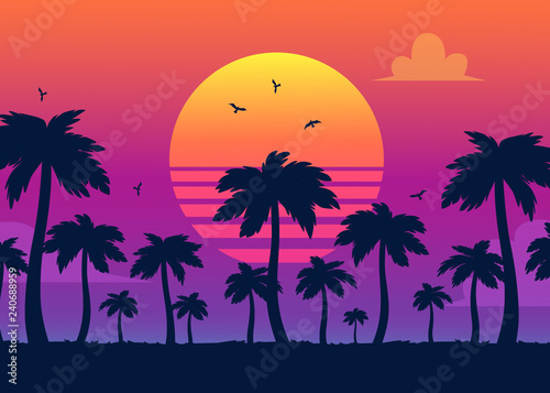 Vector purple sunset on background of palm silhouettes. California beach, summer vacation backdrop for design. Tropical sunset scene for travelling design.